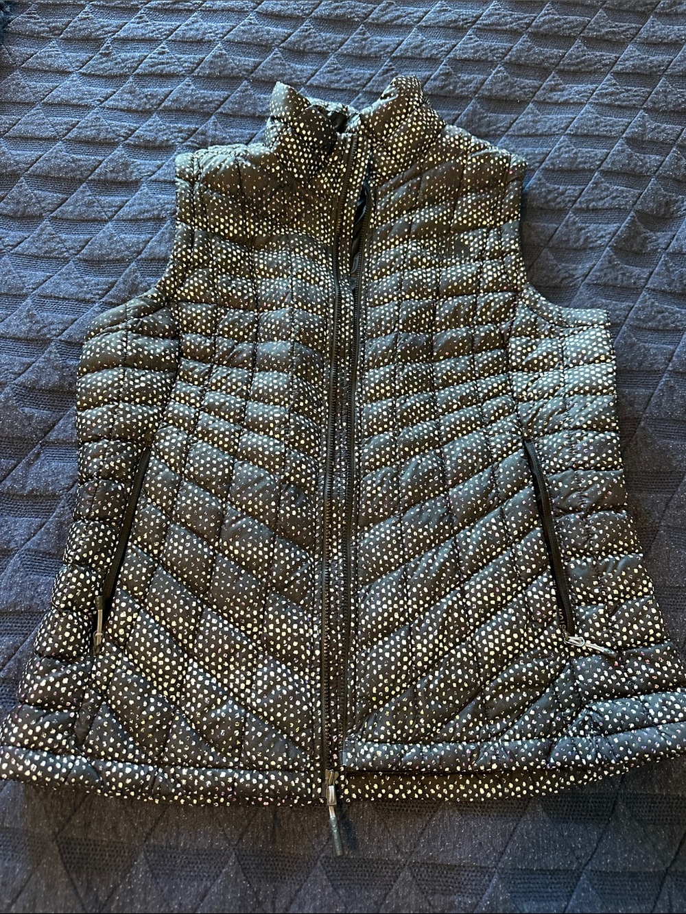 The North Face Navy Quilted Puffer Vest with Dot Print